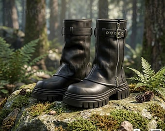 Handmade Leather Mid-Calf Boots: Square Heel, Side Zip, Winter Comfort