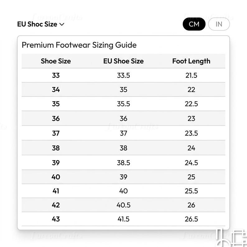 May include: A white chart titled "Premium Footwear Sizing Guide" with shoe size conversions. The chart includes shoe sizes, EU shoe sizes, and foot lengths in cm and inches. The chart shows sizes from 33 to 43.