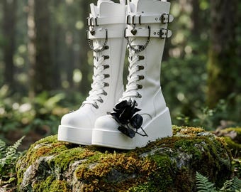 Women's Knee High Motorcycle Boots, Gothic Platform Lace Up Boots, Punk Wedge Black Winter Boots, Alternative Fashion Shoes