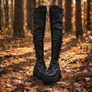 May include: A pair of black over-the-knee platform boots featuring a lace-up front, multiple side buckle straps, and a thick platform sole. The boots are constructed with a combination of matte and glossy black panels and include metal hardware.