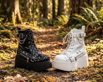 Gothic Platform Mid-Calf Boots for Women, Wedge Winter Boots, Cosplay Motorcycle Boots, Comfortable Fashion Alternative Footwear
