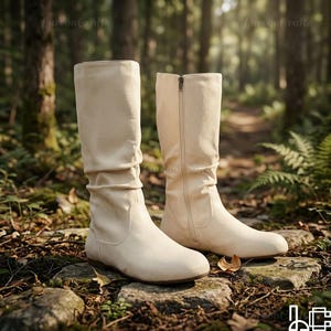 May include: Cream-coloured knee-high boots with a flat sole. One boot features a zip up the side. The boots are made of a soft material and are set on a stone path in a forest setting.