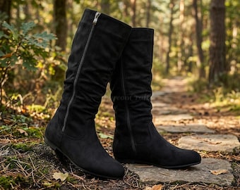 Handcrafted Tan Nubuck Leather Barefoot Knee High Boots Flexible Comfort Grounding Footwear