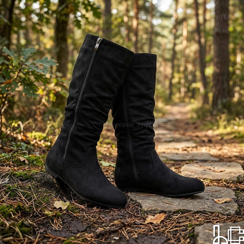 May include: Black knee-high boots with a side zip. The boots have a flat sole and a scrunched design. They are made of a soft, suede-like material. The boots are set on a stone path in a forest setting.