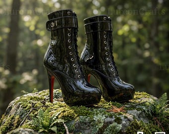 Sexy Lace Up Ankle Boots 15cm High Thin Heels Padlock Short Booties Unisex Plus Size Drag Queen Shoes Fetish Stiletto High Heels