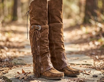 Handmade Faux Suede Bohemian Boots with Tassels – Above Knee Style