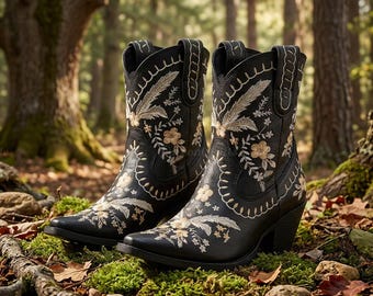 Soft Comfortable Flower Print Embroidered Western Ankle Cowgirl Boots For Women  Fashion Chunke Heel Slip Shoes