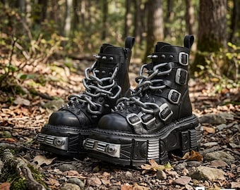 Gothic Punk Platform Mid-Calf Motorcycle Boots with Chains, Side Zipper Accent