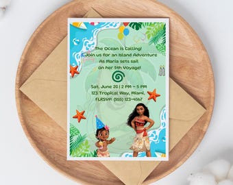 Paquete de invitaciones de cumpleaños de Moana: Diseños personalizables para fiestas tropicales en Canva (Descarga digital)