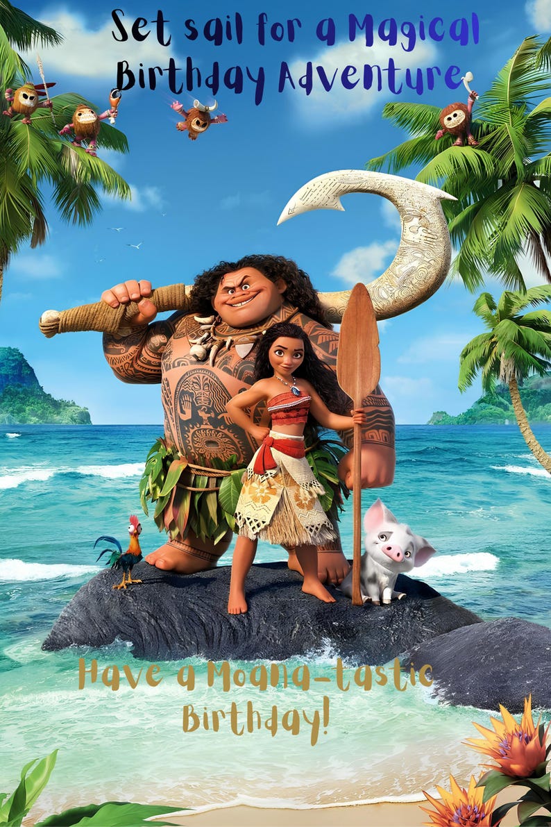 Pancarta de cumpleaños de Moana y Maui, decoraciones editables para fiestas temáticas del océano (descarga digital) imagen 1