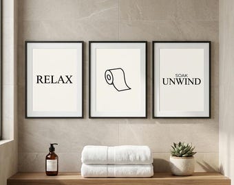 Juego de 3 láminas minimalistas para baño con el mensaje "Relájate, sumérgete y desconecta" (descarga digital).