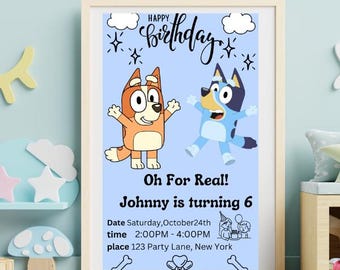 Invitación de cumpleaños de Bluey, para teléfono e imprimible con plantilla editable de Canva (descarga instantánea).