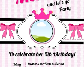 Invitación de cumpleaños editable de princesa rosa, invitación para fiesta de 5º cumpleaños (descarga instantánea)
