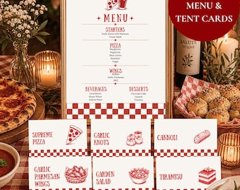 May include: A framed menu and six tent cards featuring red and white checkered borders. The menu lists starters, pizza, wings, beverages, and desserts with red text and illustrations. The tent cards display food names and matching red line art graphics.