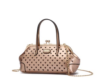 Schooltas met hartvormige studs, veganistische leren Kiss Lock-schoudertas
