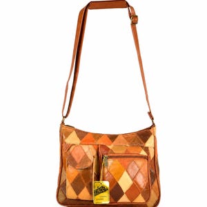 Tinder Genuine Leather Brown Diamond Patchwork Crossbody Bag Multi Pocket Shoulder Purse for Woman