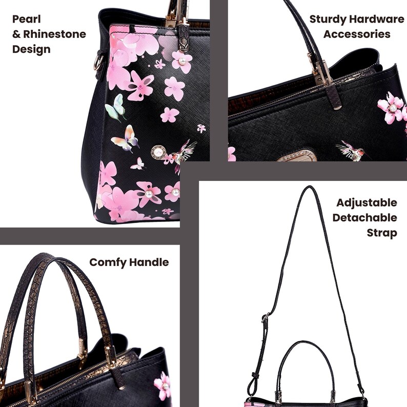 Red Floral Tote Bag, Cherry Blossom Vegan Leather Handbag, Hummingbird — free download