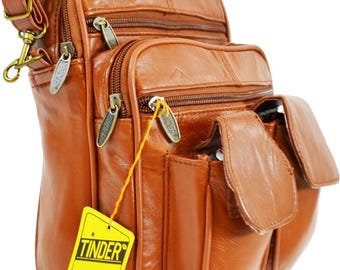 Bolso bandolera multibolsillos de piel auténtica: bolso organizador de viaje marrón para hombre y mujer.