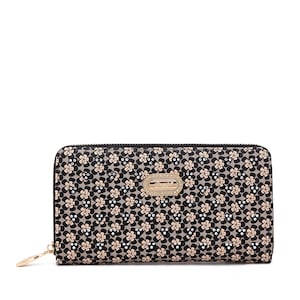 May include: A black floral pattern wallet with a gold zipper and a gold accent. The wallet features a repeating pattern of small flowers in black, beige, and white. A gold oval emblem is on the front.