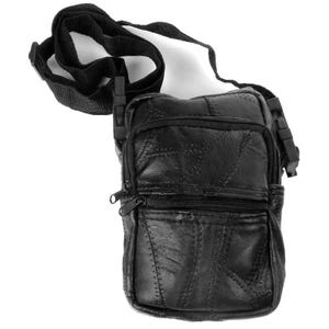 May include: A black leather crossbody bag featuring a patchwork design with multiple stitched panels. The bag includes a main zippered compartment, a smaller front zippered pocket, and an adjustable black nylon strap with plastic side-release buckles.