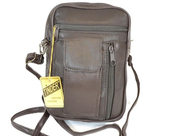 Tinder Echtleder Dunkelbraun Umhängetasche, Kleine Multi Pocket Schulter Geldbörse, Reiseveranstalter Messenger Tasche für Männer oder Frauen