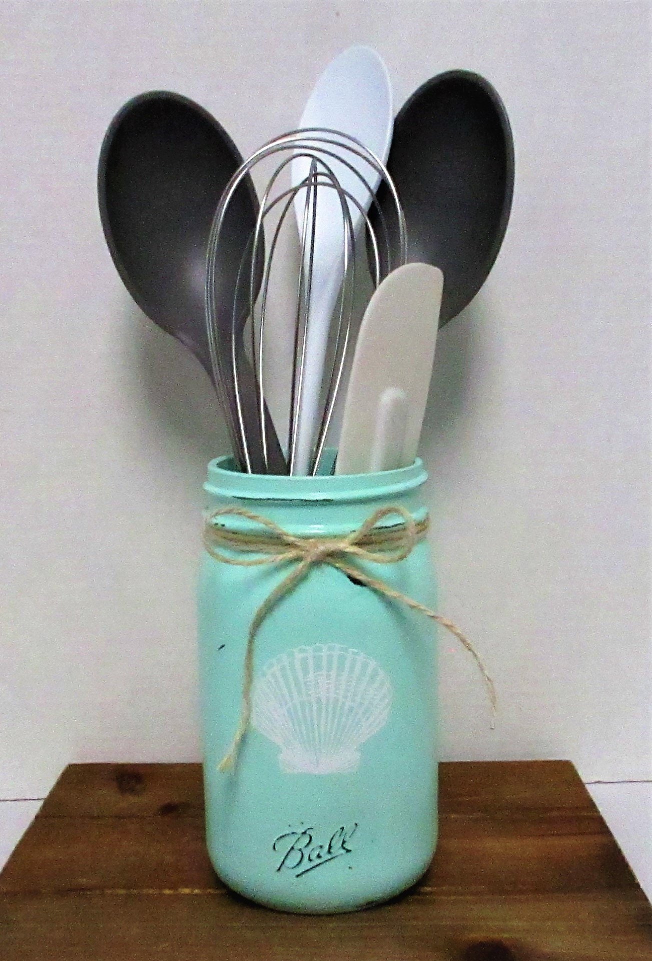 Seashell Mason Jar Decor Kitchen Utensil Holder Beach