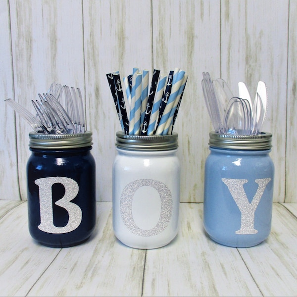 Baby Boy Shower Centerpiece Decor, Baby Shower Decor, Party Decorations, Utensil Holder, Centerpiece, Mason Jar Decor