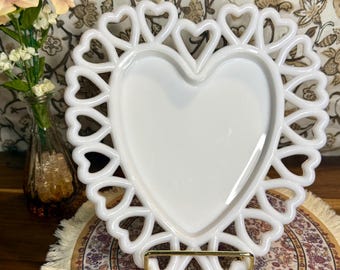 Vintage Westmoreland Milk Glass Heart Plate White Lace Edge Open Heart Serving Dish