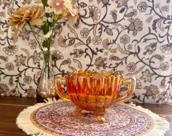 Azucarero de cristal de carnaval ámbar vintage / Plato con base iridiscente color caléndula