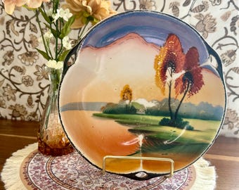 Antique Japanese Lusterware Bowl | 3 Handle Scenic Dish | Hand Painted Landscape | Chikaramachi Japan 1920s
