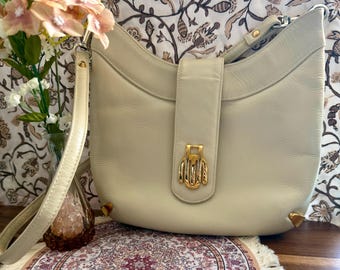 Vintage 80s Cream Leather Structured Hobo Shoulder Bag | Susan Gail Genuine Leather Purse