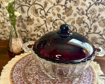 Vintage Covered Candy Dish Ruby Red Lid Clear Glass Bowl Anchor Hocking Mid Century Serving Dish With Handles