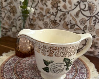 Vintage Floral Gravy Boat White Rose Gold Trim Cottagecore Creamer Pitcher Shabby Chic