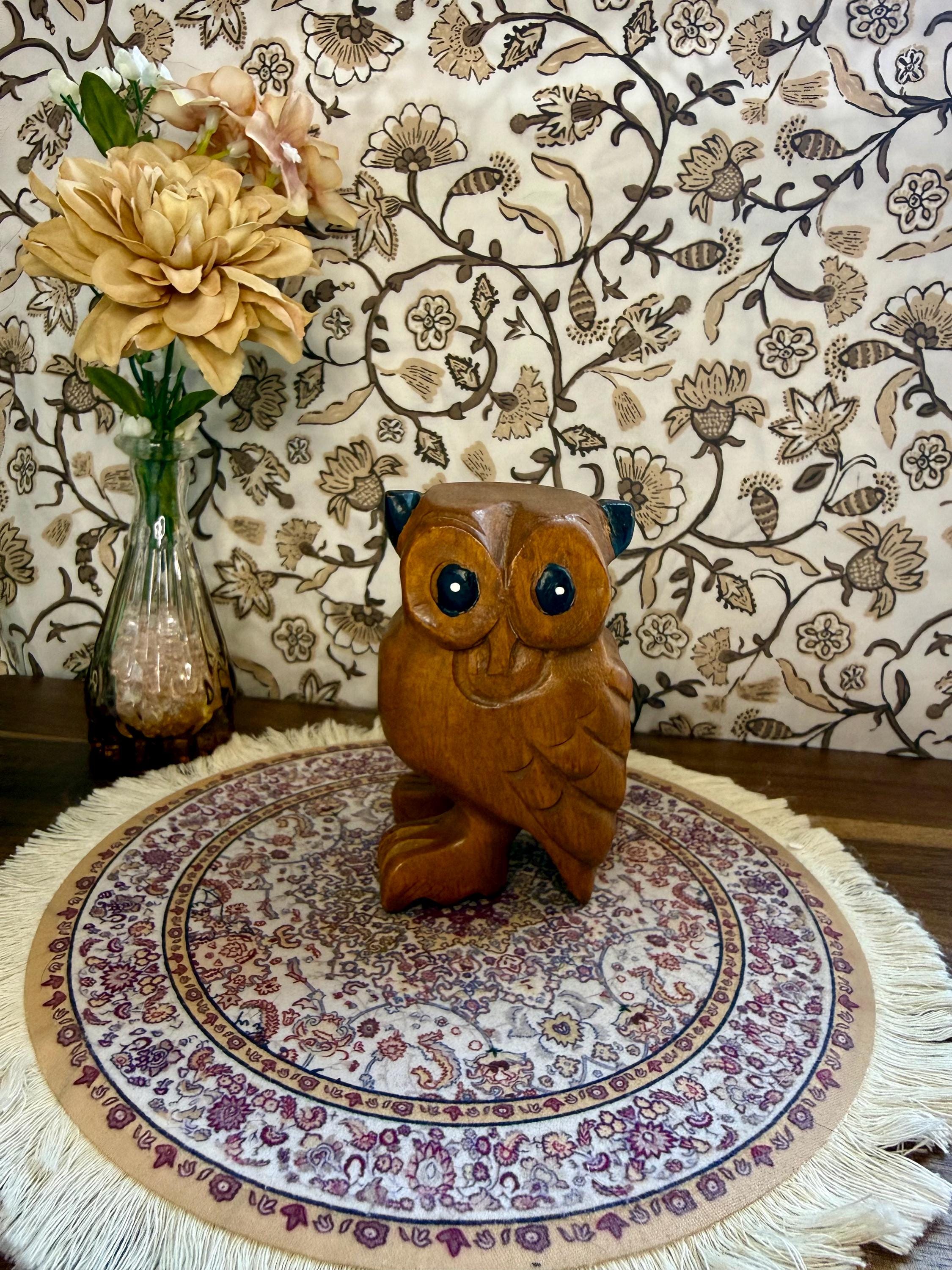 Vintage Hand Carved Wooden Owl Whistle Folk Art Bird Figurine Rustic Woodland Cabin Decor