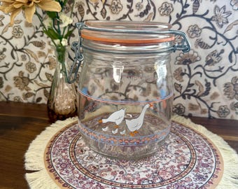 Vintage ARC France Goose Kanister - Glasklemmdeckelaufbewahrung - Herzen & Gänse Bauernhaus Küchendekor - 1L Luftdichtes Glas