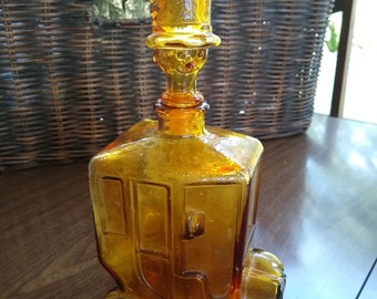 Vintage Entertaining Decanter brandy Amber Bessi Decanter of Car with Whimsical Man Wearing Top Hat glass decanter barware boho