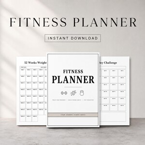 Könnte beinhalten: Ein Fitnessplaner mit dem Text "FITNESS PLANNER" in minimalistischem Design. Der Planer enthält Abschnitte zur Fortschrittsverfolgung, zum Aufbau von Gewohnheiten und zur Aufrechterhaltung der Konsistenz. Der Text "INSTANT DOWNLOAD" ist ebenfalls sichtbar.