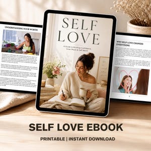 Könnte beinhalten: Ein digitales Tablet mit einem E-Book-Cover mit dem Titel SELF LOVE: A Guide to Building Confidence, Inner Peace & Self-Worth, das eine Person beim Schreiben in ein Tagebuch zeigt, flankiert von zwei weiteren Tablets mit Innenseiten.