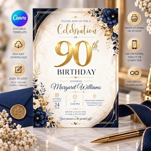 Könnte beinhalten: Eine Einladungsvorlage zum 90. Geburtstag mit floralen Akzenten in Gold und Marineblau. Der Text lautet Celebration of 90th Birthday, zu Ehren von Margaret Williams, mit Veranstaltungsdetails in goldener und marineblauer Schrift.