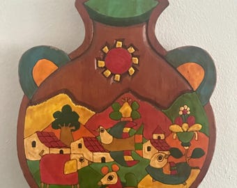 El Salvador Folk Art: Hand-Painted & Carved Wood Wall Plaque - La Palma Style / Fernando Llort Inspired - Vintage Village Landscape