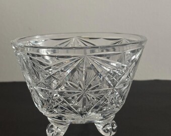 Vintage Cut Crystal 3-Footed Bowl - Starburst and Pinwheel Design - Heavy Lead Glass