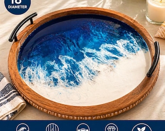 18" Round Beach Wave Resin Serving Tray | Coastal Ocean Decor Wood Charcuterie Board | 13” Round Available | Handmade by 4Shore Studio