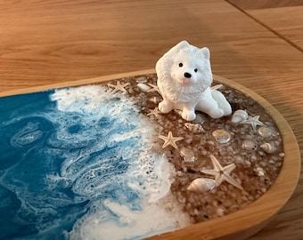 Samoyed Ocean Wave Resin Trinket Tray Beach Scene with Real Shells Dog Lover Gift
