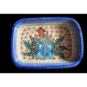 Polish Pottery UNIKAT 1491 Rectangular Baker Blue Butterfly Floral Handmade 2007