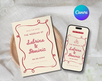 Whimsical Boho Wedding Save the Date Template, Hand Drawn Minimalist Canva (Digital Download)