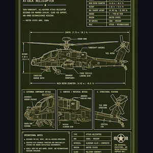 May include: AH-64 Apache attack helicopter blueprint art print. The diagram shows the helicopter's dimensions: 58.2 ft long, 48.8 ft rotor diameter, and 13.6 ft high. Features include radar dome, turboshaft engines, and armament hardpoints. Origin: United States.
