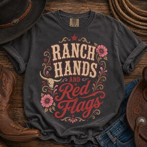 Puede incluir: Camiseta gris oscuro con el texto "RANCH HANDS and Red Flags" en un estilo western. El diseño incluye una calavera de toro, flores y adornos. La camiseta se muestra con un sombrero de vaquero, botas y vaqueros.