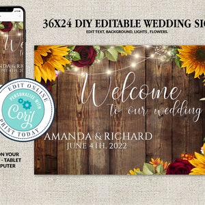 Plantilla de póster de boda, girasoles de otoño y rosas de Borgoña, bienvenido a nuestro póster de boda, archivo imprimible editable, descarga instantánea, Corjl