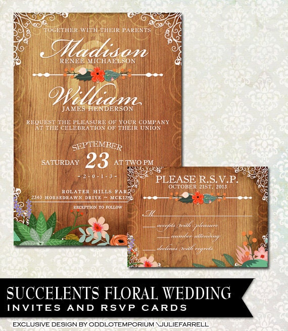 Rustic Wedding Invitation featuring vintage flowers on a rustic wood background-printable invitation and rsvp Il_570xn