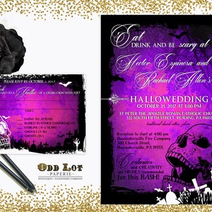 Skull Halloween Hochzeit Einladungen Gothic Skull und Fledermäuse bedruckbare Einladungssuite Purple Spooky Halloween Graveyard DIY Party einladen